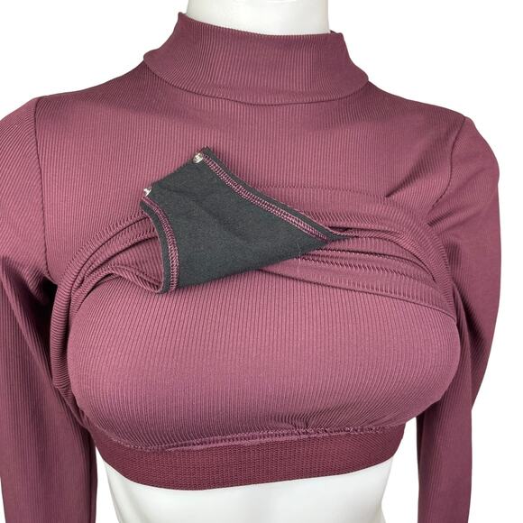 Girlfriend Collective Women's Maroon Ribbed Built In Bra Mock Neck Bodysuit S - Picture 6 of 8